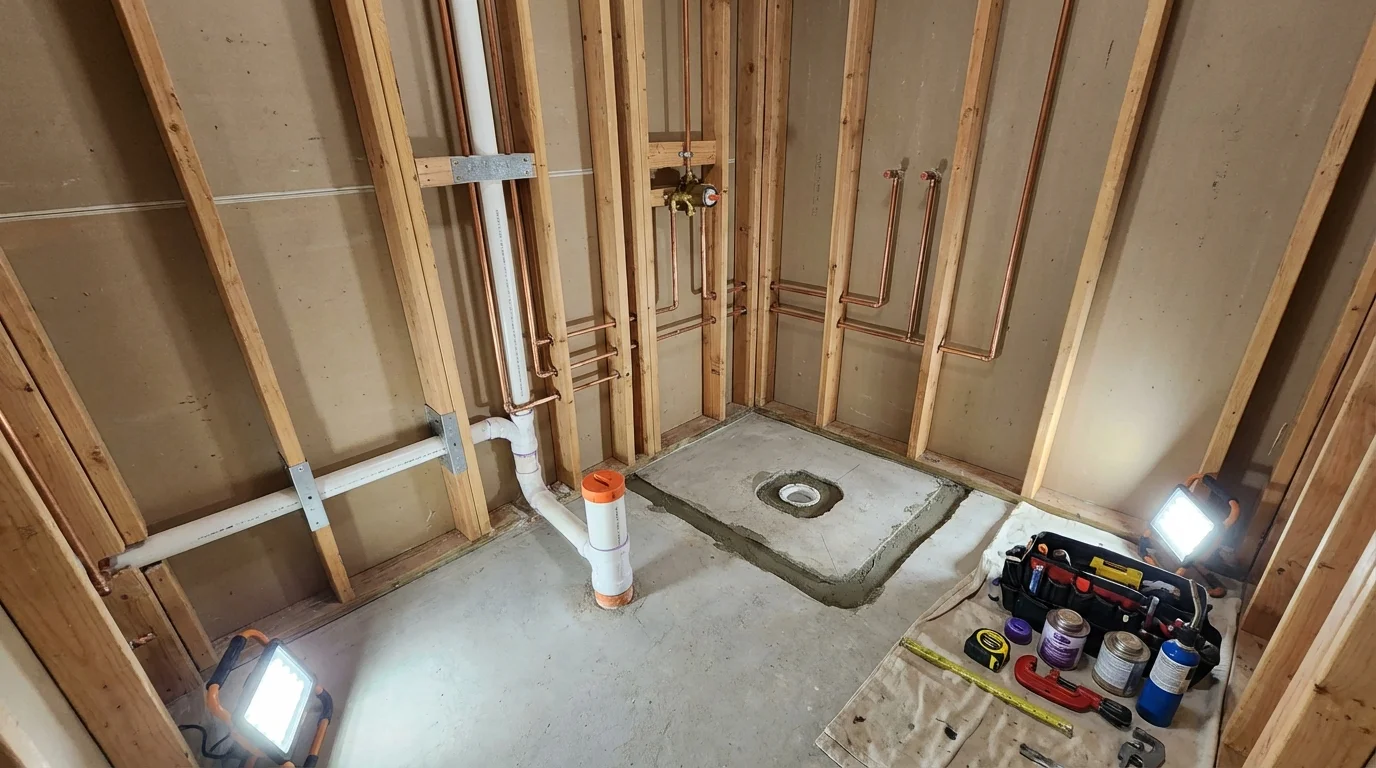 Bathroom rough-in plumbing during remodel by Johns Plumbing LLC in Pottstown