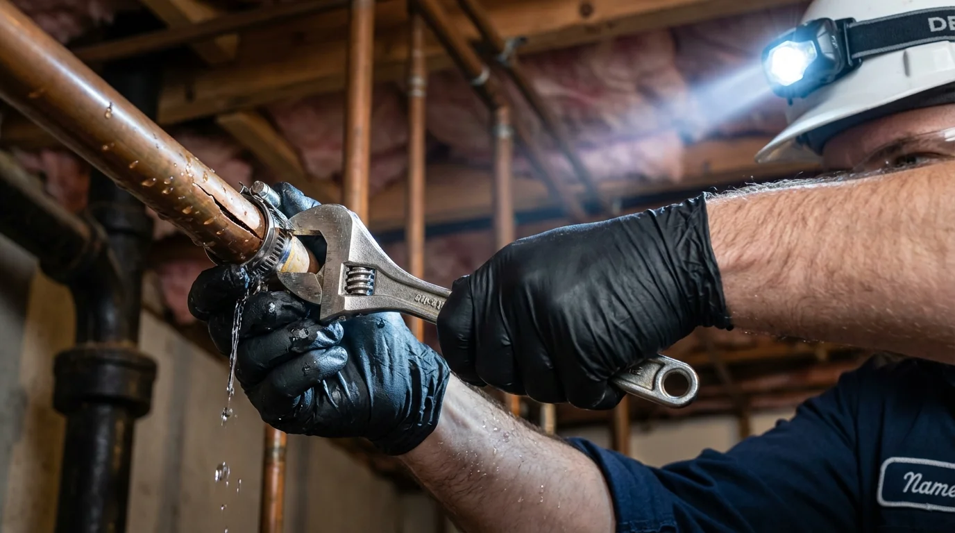 Emergency pipe clamp repair being performed by a Johns Plumbing LLC plumber in Pottstown