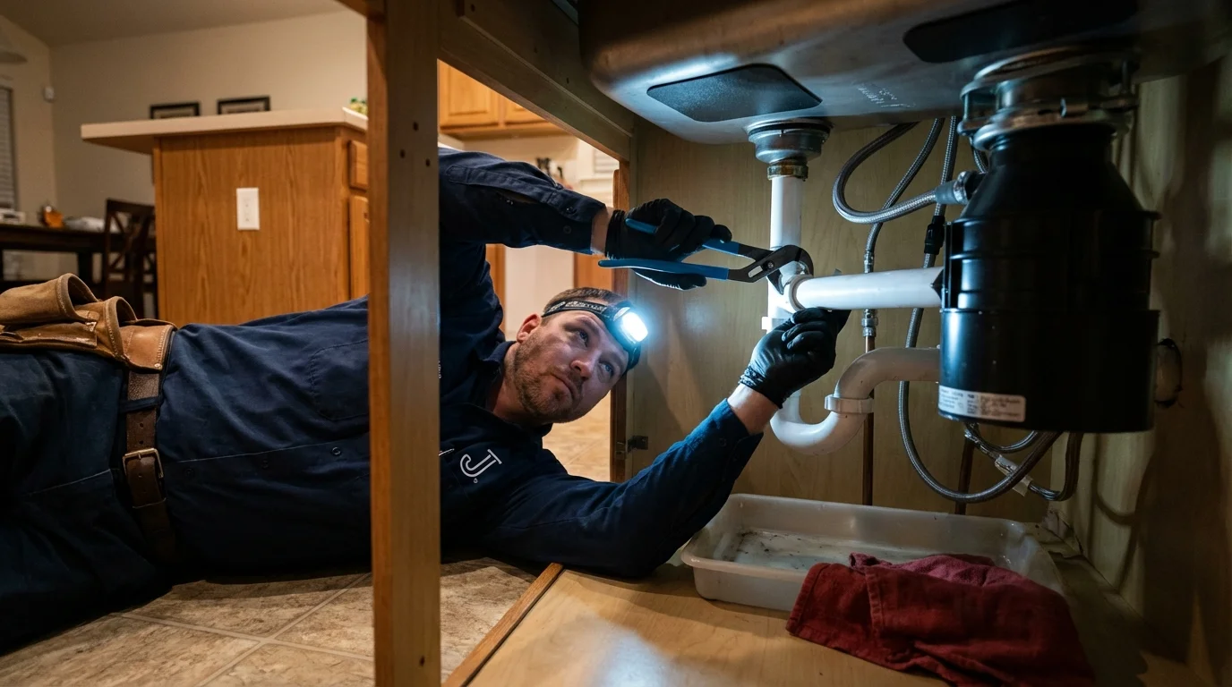 P-trap and supply line connections under a kitchen sink showing a common leak point in Pottstown, PA